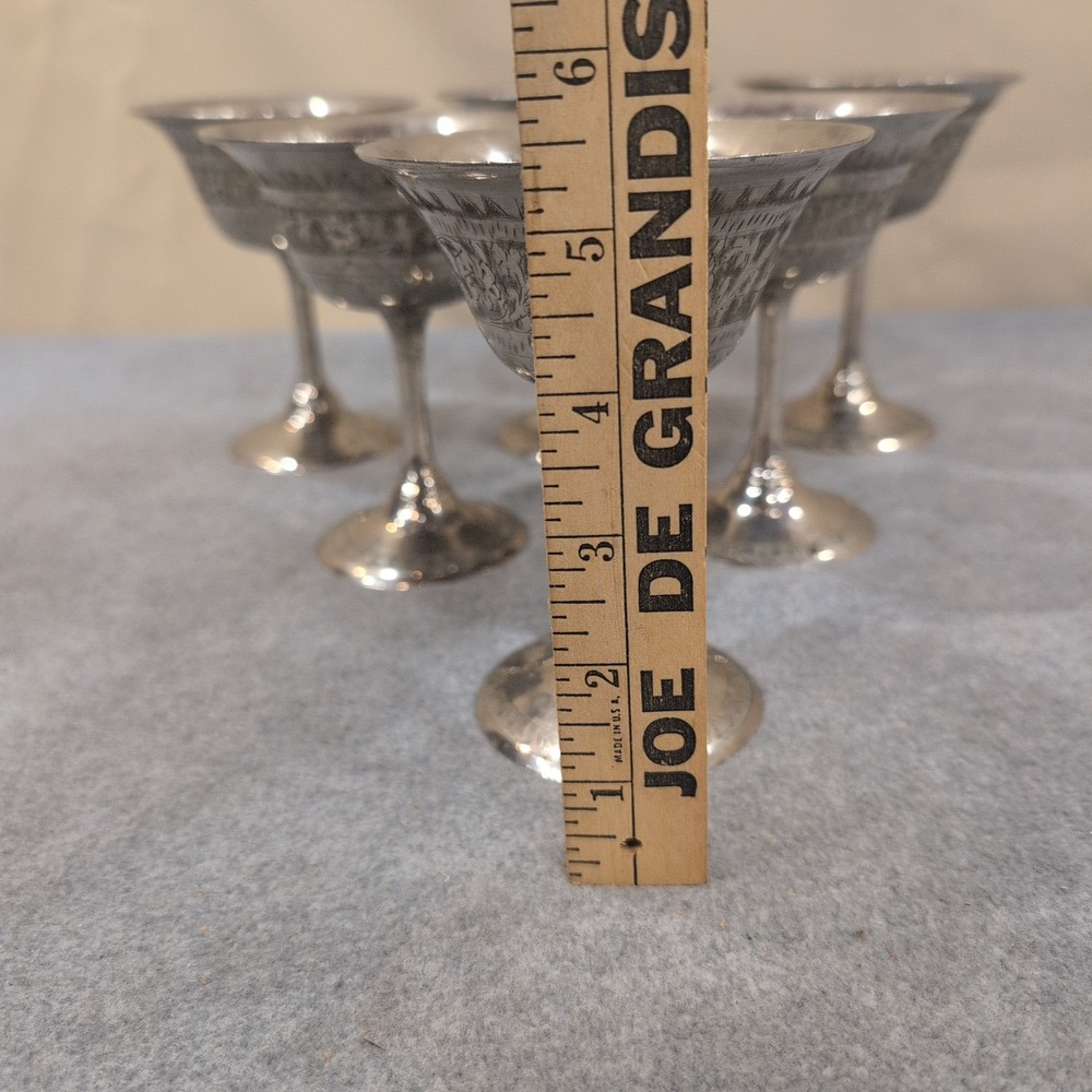 Worldgift India Etched Silver Tone Metal Cordial Goblets Set of 6 Floral Stems - Picture 2 of 7
